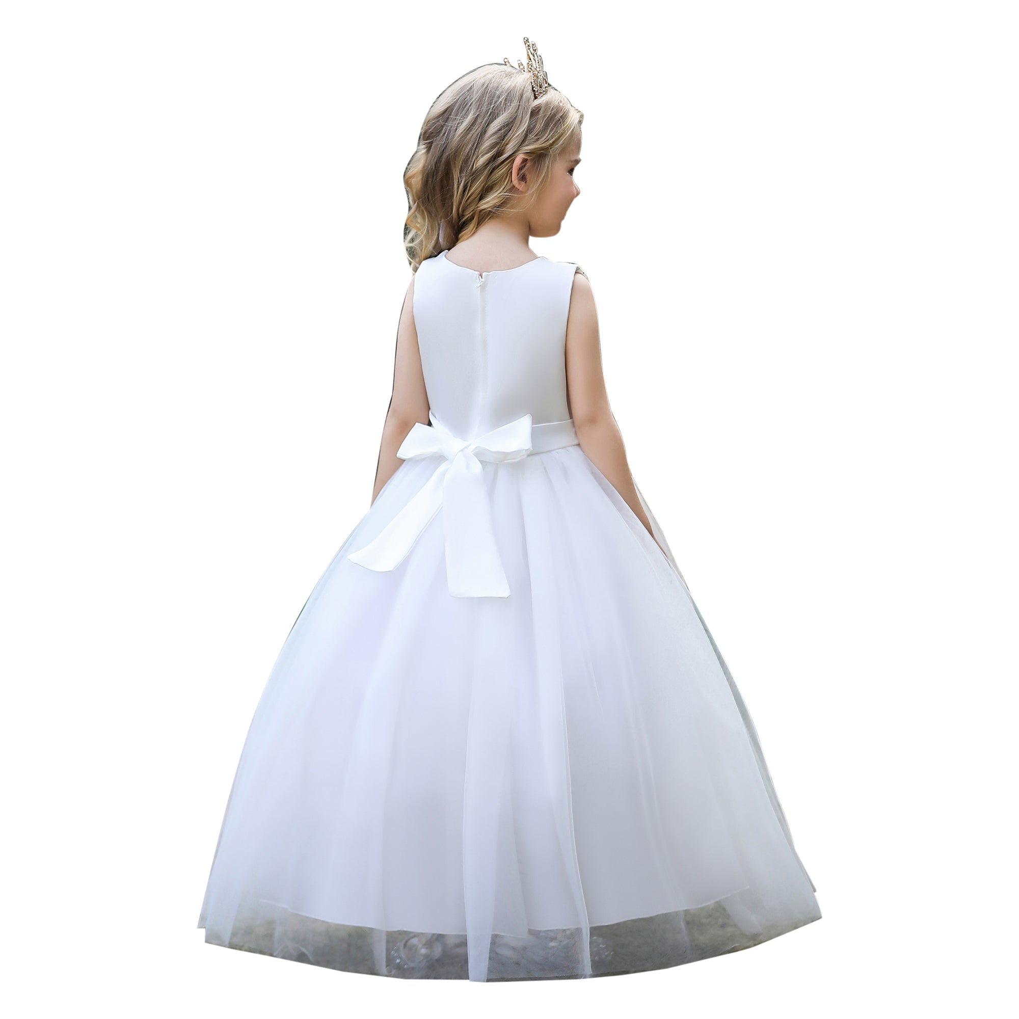 Girls Floral Embroidered V-Neck Bow Detail Maxi Gown Dress