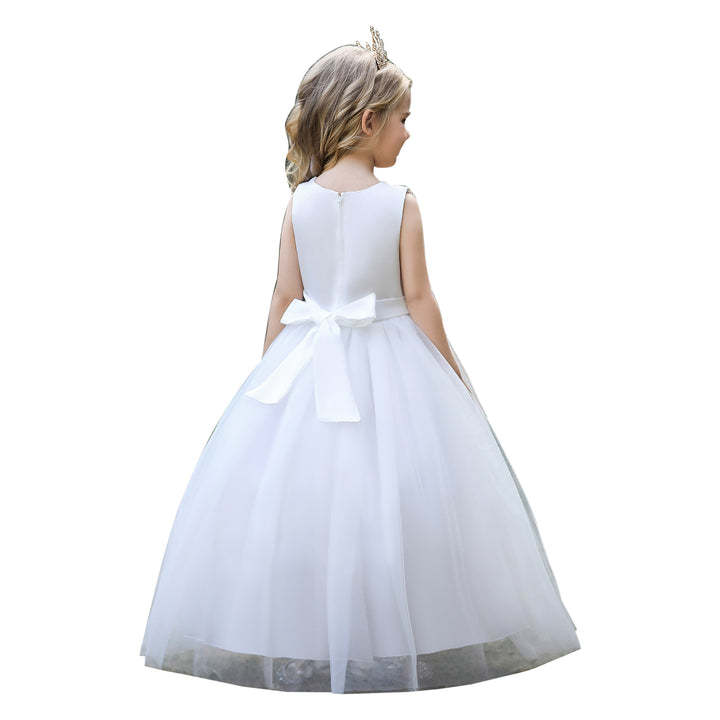 Girls Floral Embroidered V-Neck Bow Detail Maxi Gown Dress