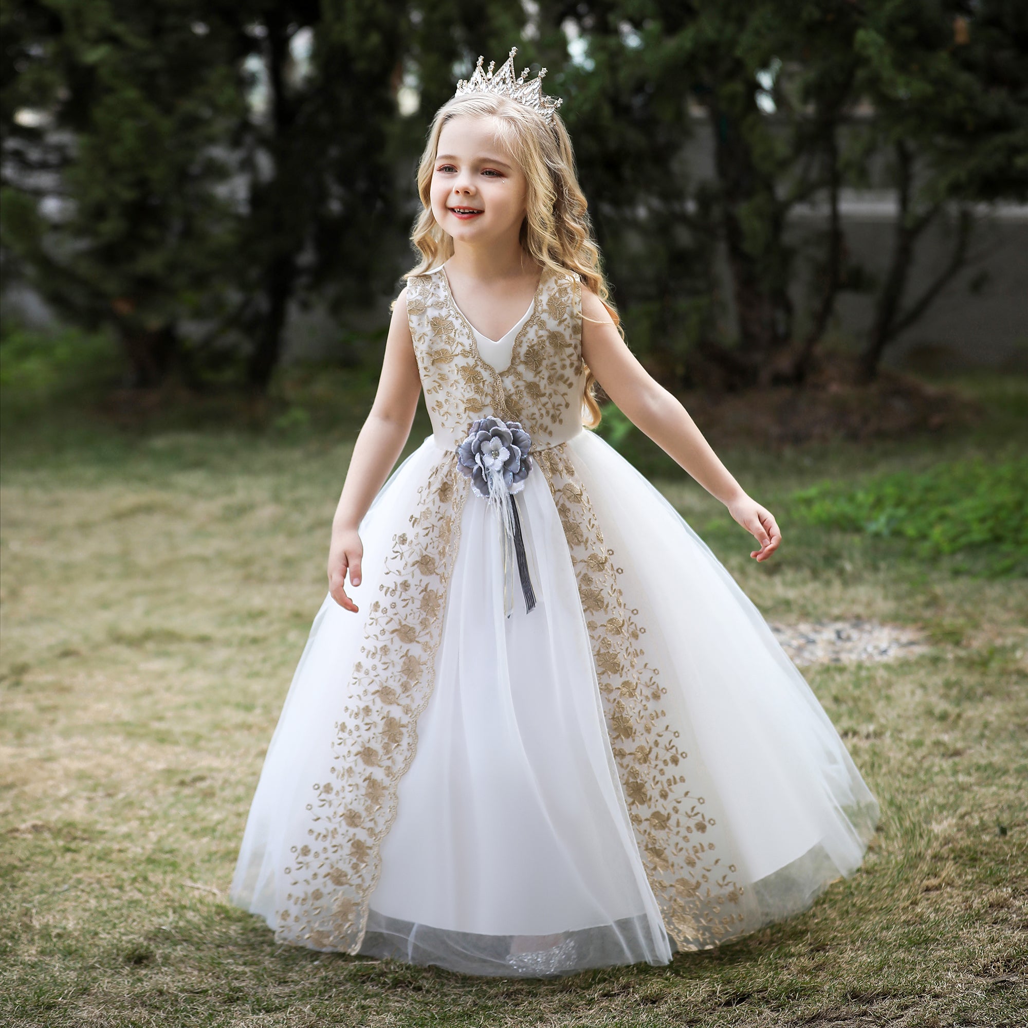 Girls Floral Embroidered V-Neck Bow Detail Maxi Gown Dress