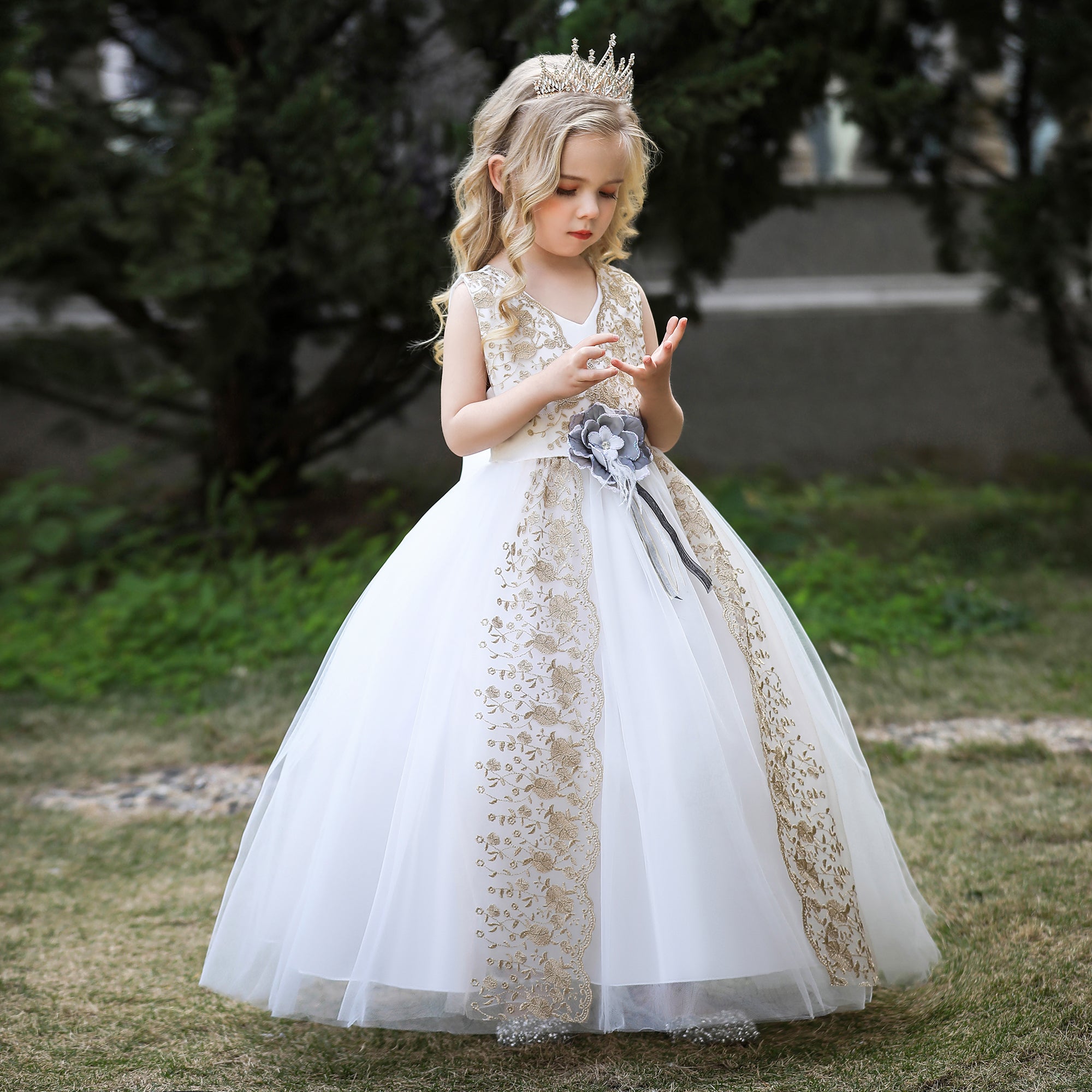 Girls Floral Embroidered V-Neck Bow Detail Maxi Gown Dress