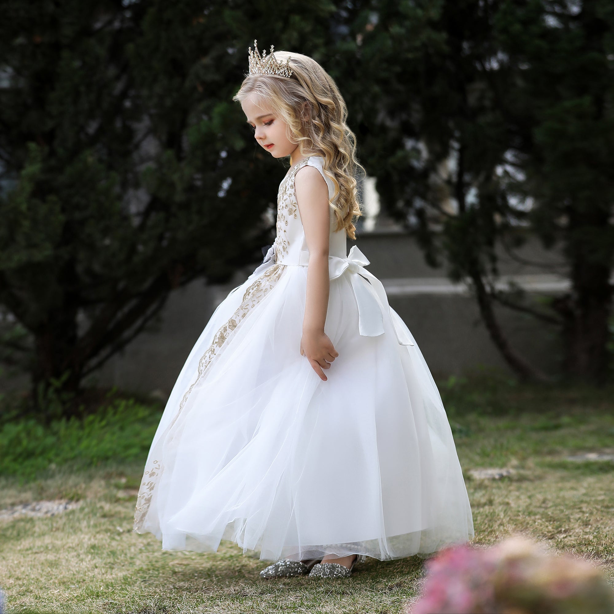 Girls Floral Embroidered V-Neck Bow Detail Maxi Gown Dress