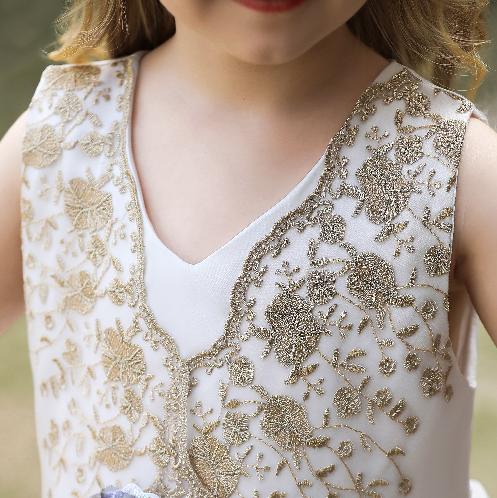 Girls Floral Embroidered V-Neck Bow Detail Maxi Gown Dress