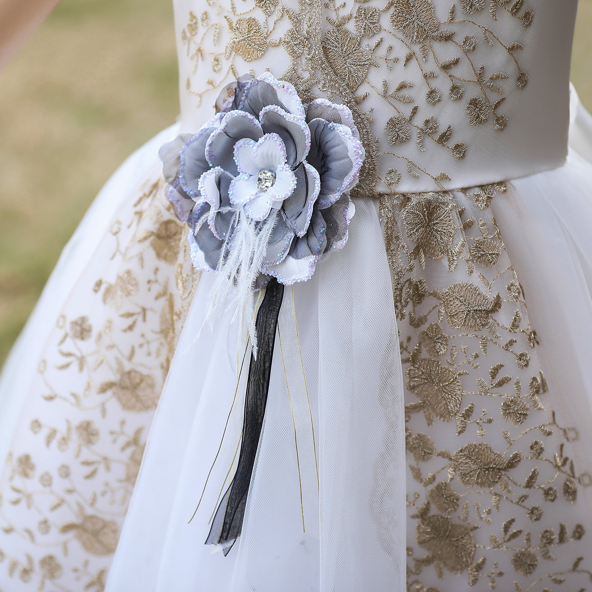 Girls Floral Embroidered V-Neck Bow Detail Maxi Gown Dress