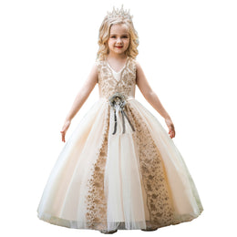 Girls Champagne Floral Print Applique Maxi Dress