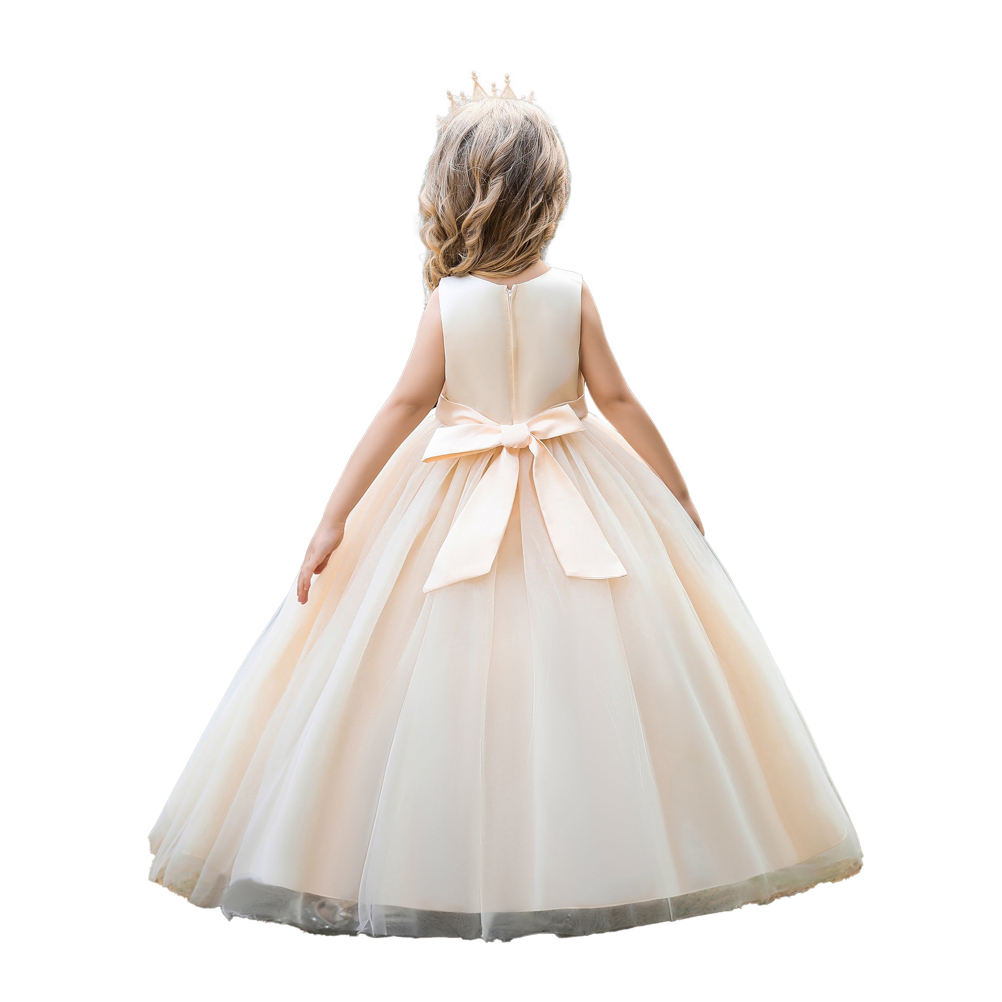 Girls Champagne Floral Print Applique Maxi Dress