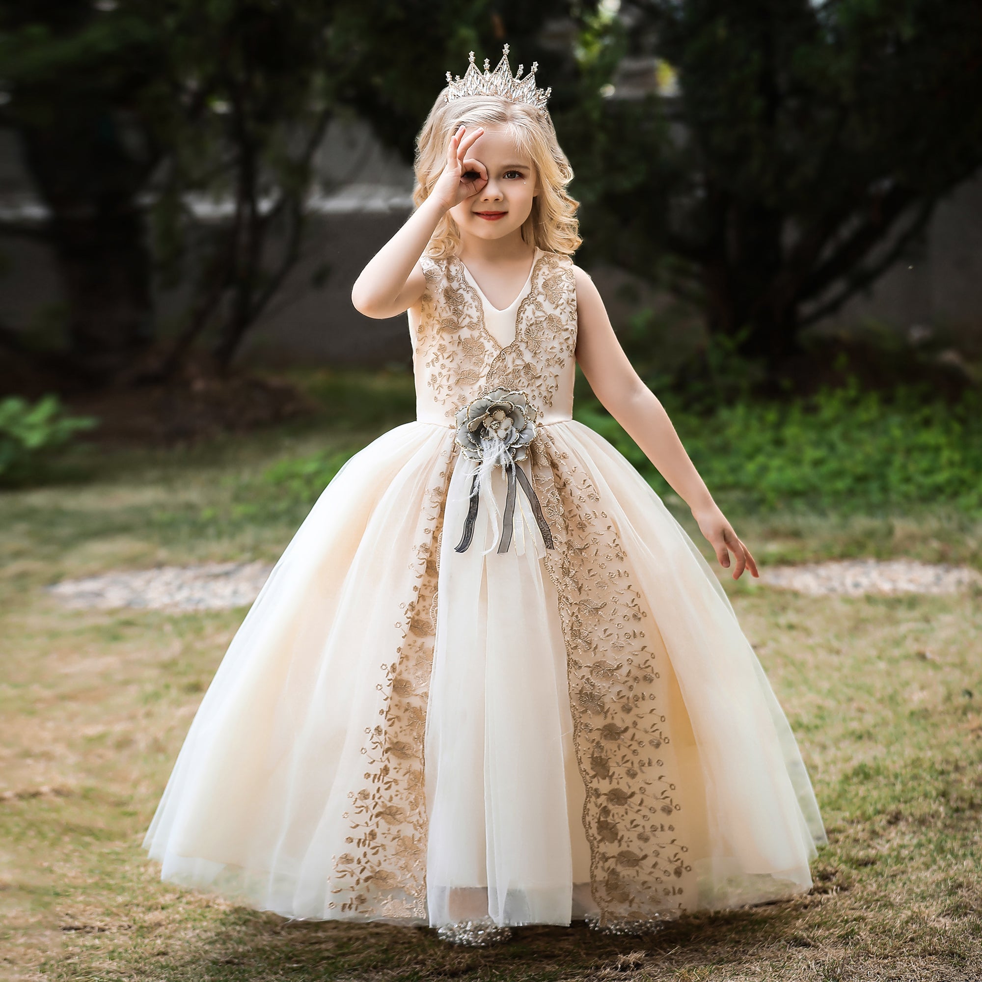 Girls Champagne Floral Print Applique Maxi Dress