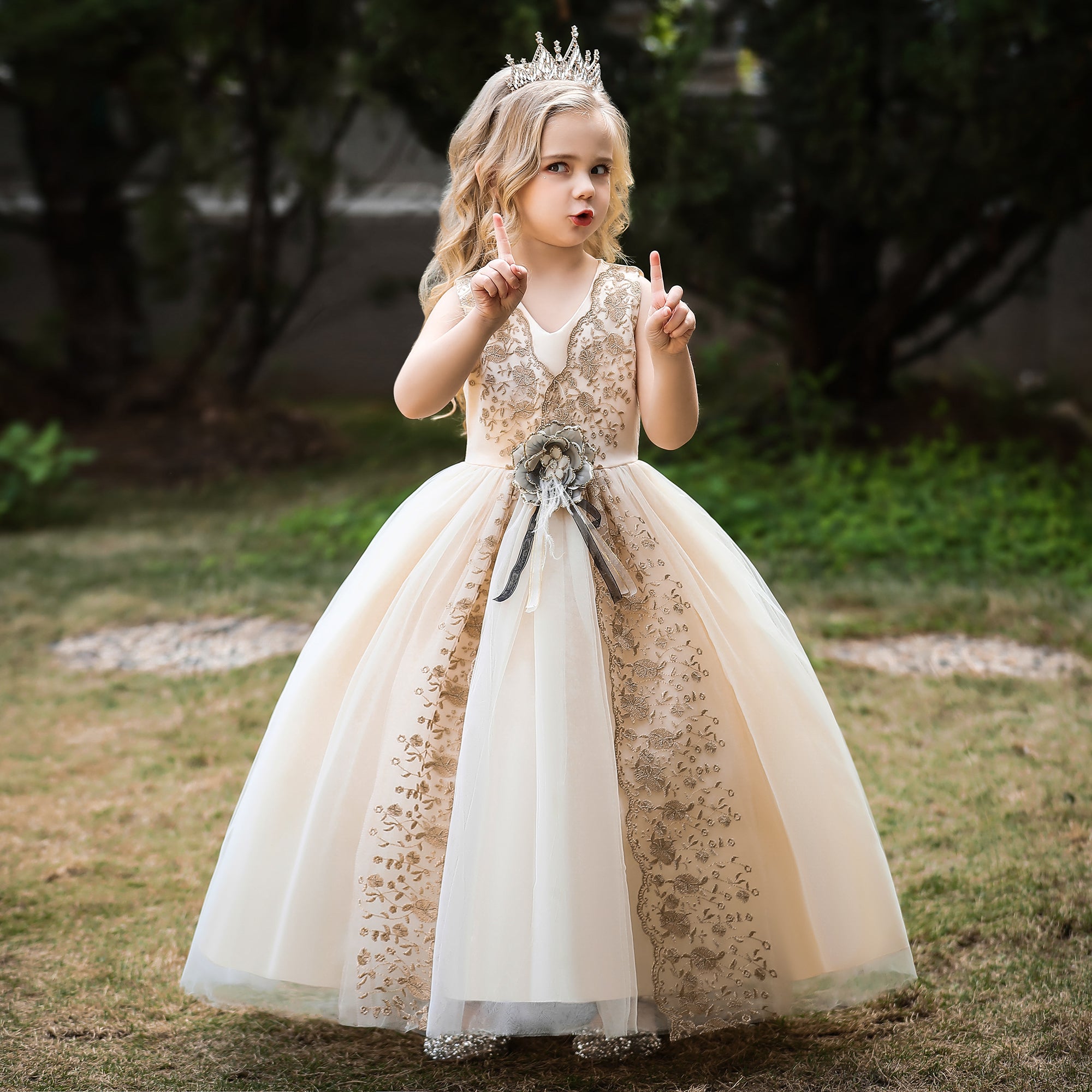 Girls Champagne Floral Print Applique Maxi Dress