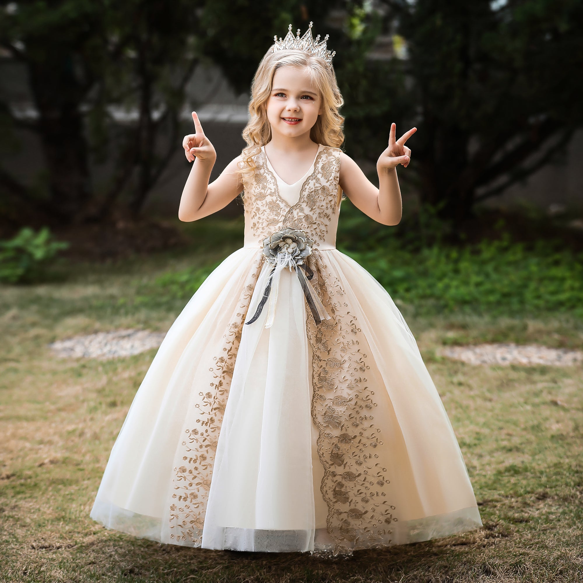 Girls Champagne Floral Print Applique Maxi Dress