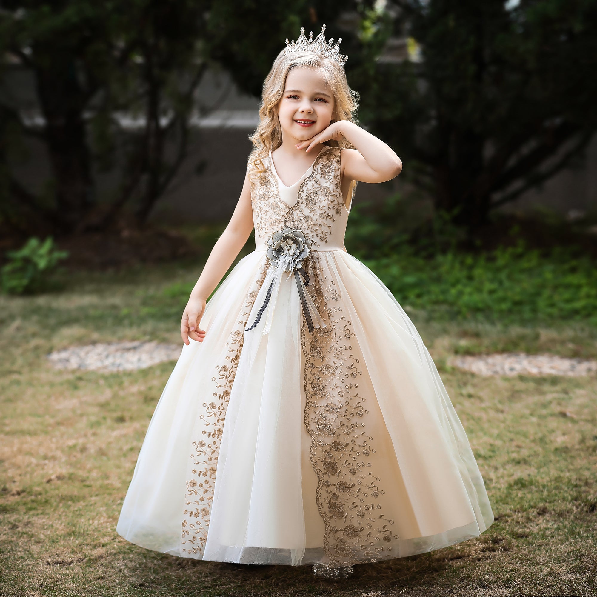 Girls Champagne Floral Print Applique Maxi Dress