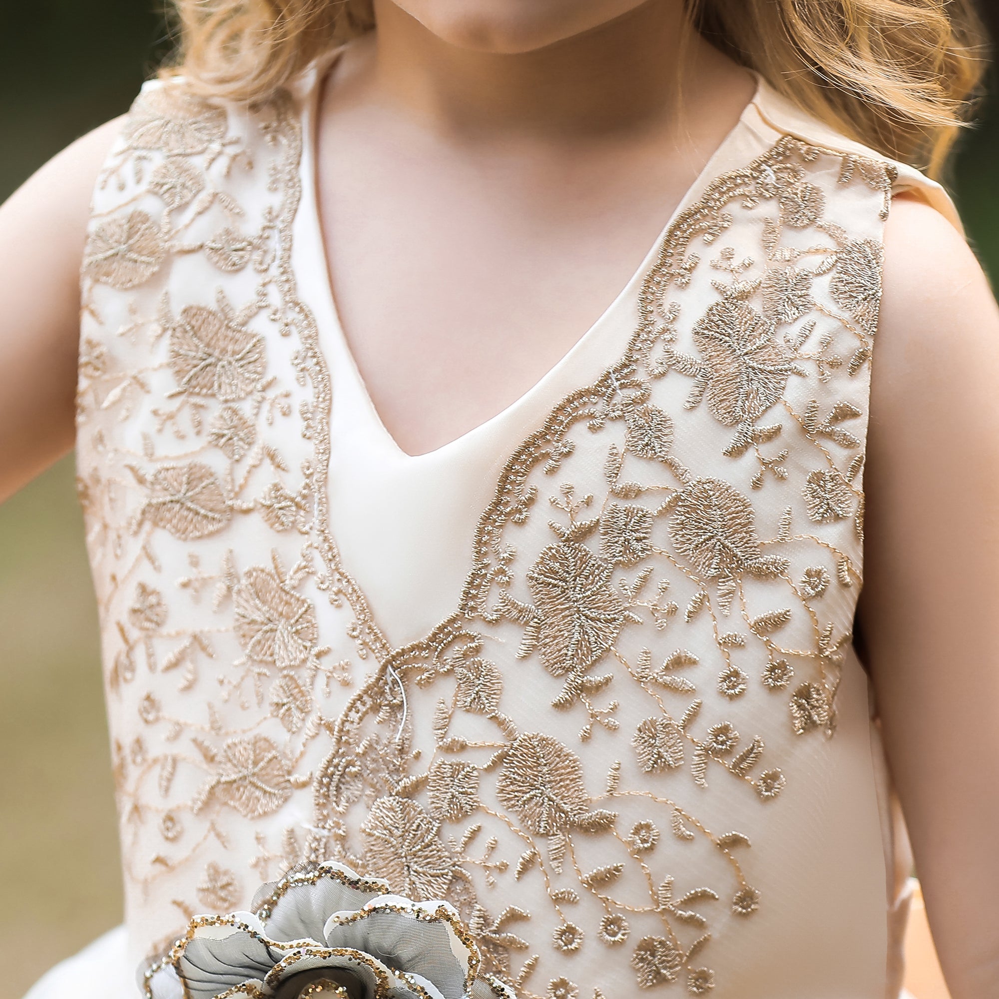 Girls Champagne Floral Print Applique Maxi Dress