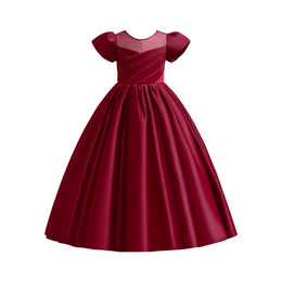 Girls Maroon Puff Sleeve Fit & Flare Maxi Dress