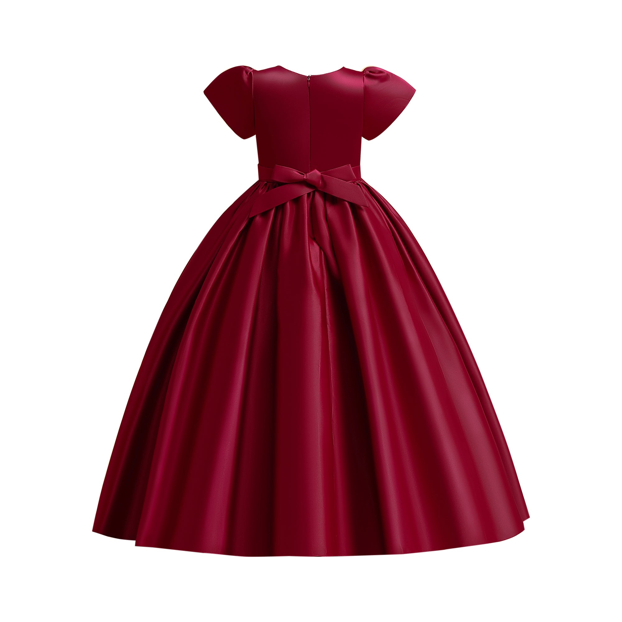 Girls Maroon Puff Sleeve Fit & Flare Maxi Dress