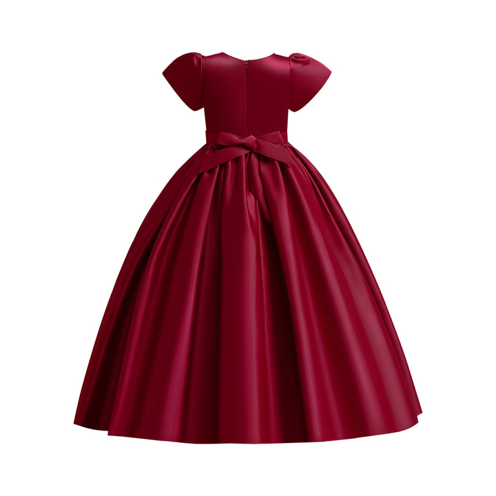 Girls Maroon Puff Sleeve Fit & Flare Maxi Dress