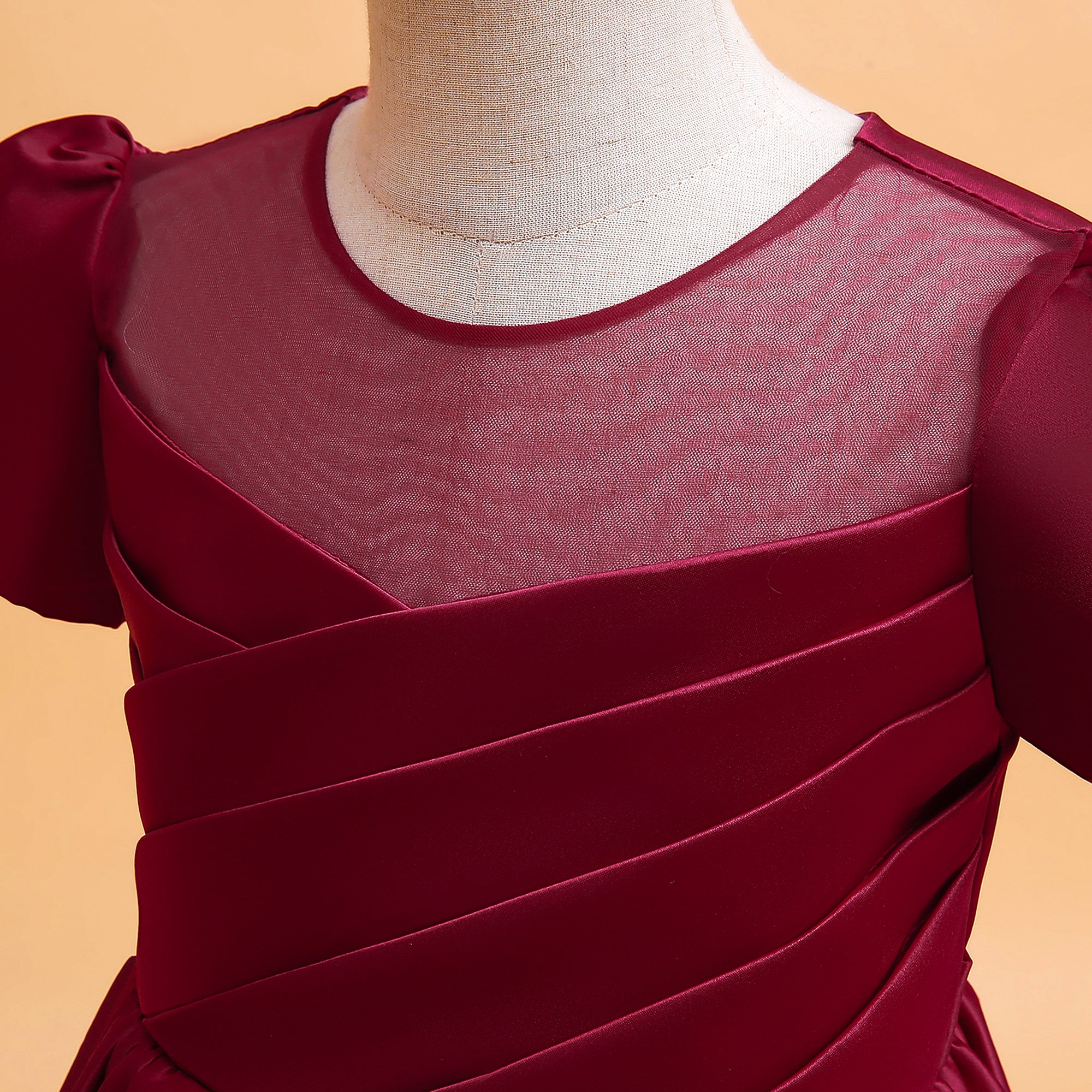 Girls Maroon Puff Sleeve Fit & Flare Maxi Dress