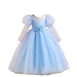 Girls Blue Self Design Puff Sleeves Bow Detail Gown Maxi Dress