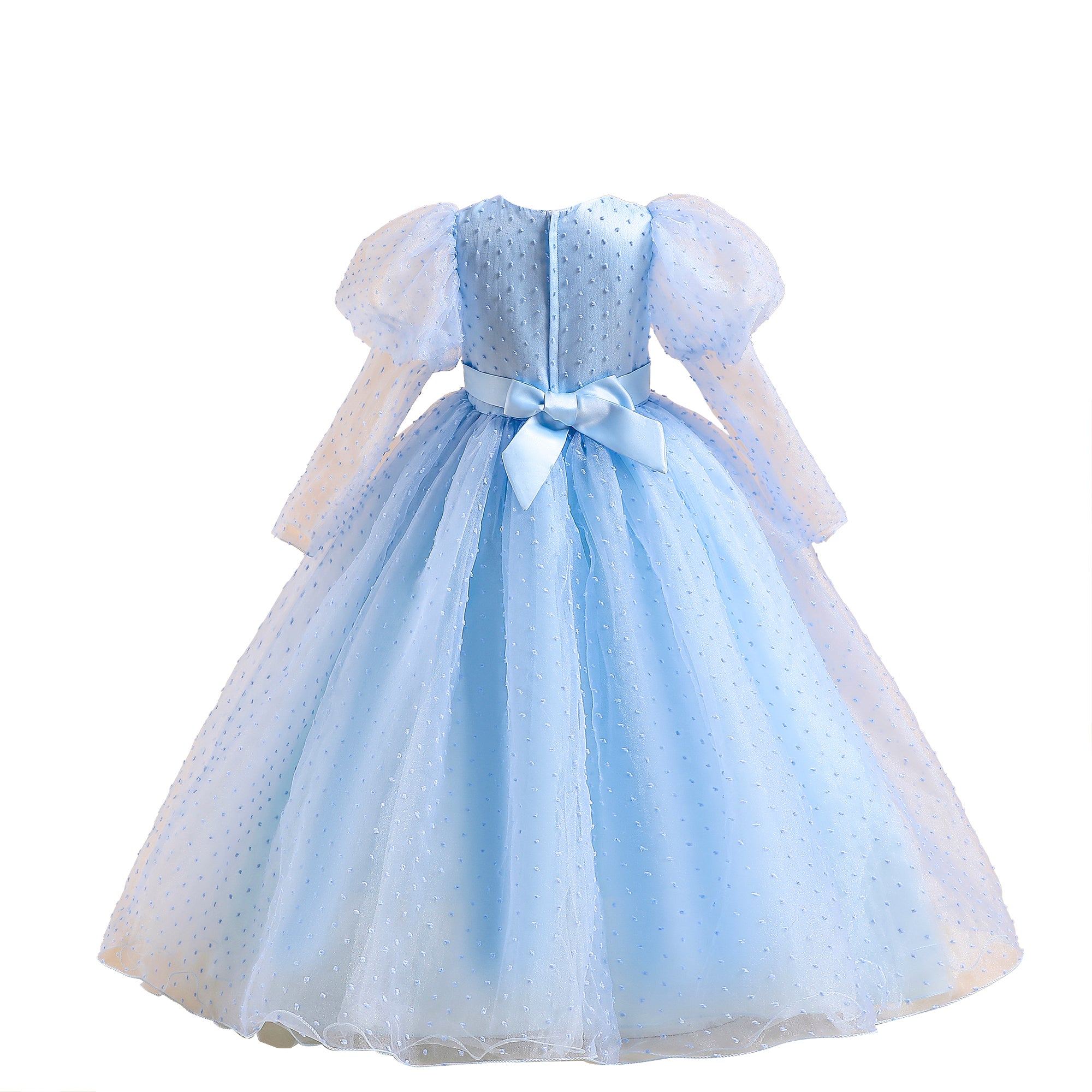 Girls Blue Self Design Puff Sleeves Bow Detail Gown Maxi Dress