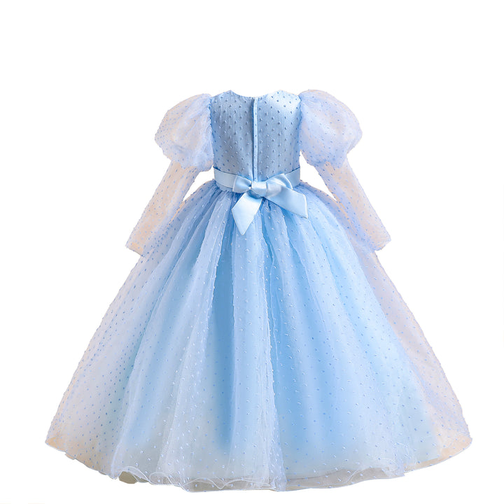 Girls Blue Self Design Puff Sleeves Bow Detail Gown Maxi Dress