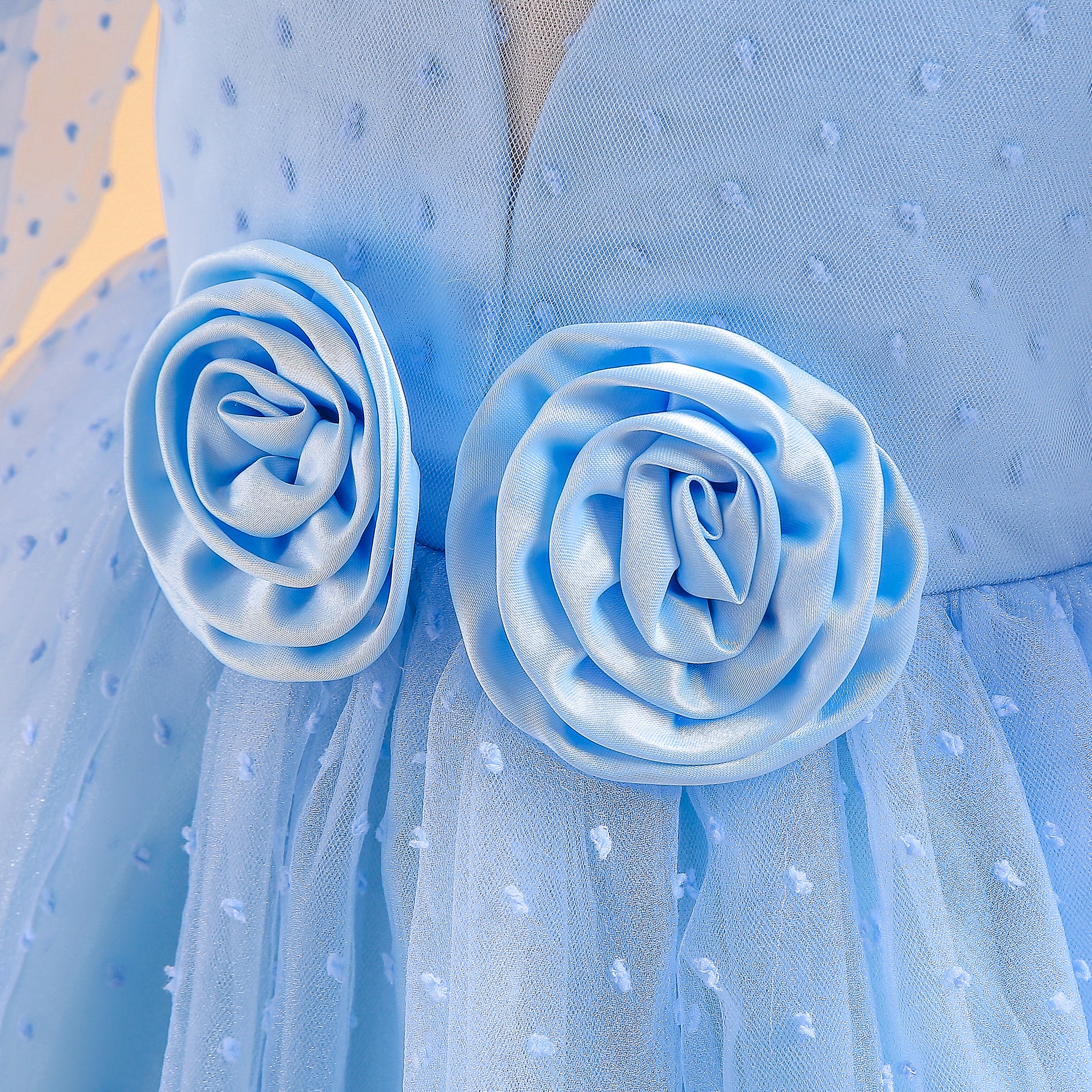 Girls Blue Self Design Puff Sleeves Bow Detail Gown Maxi Dress
