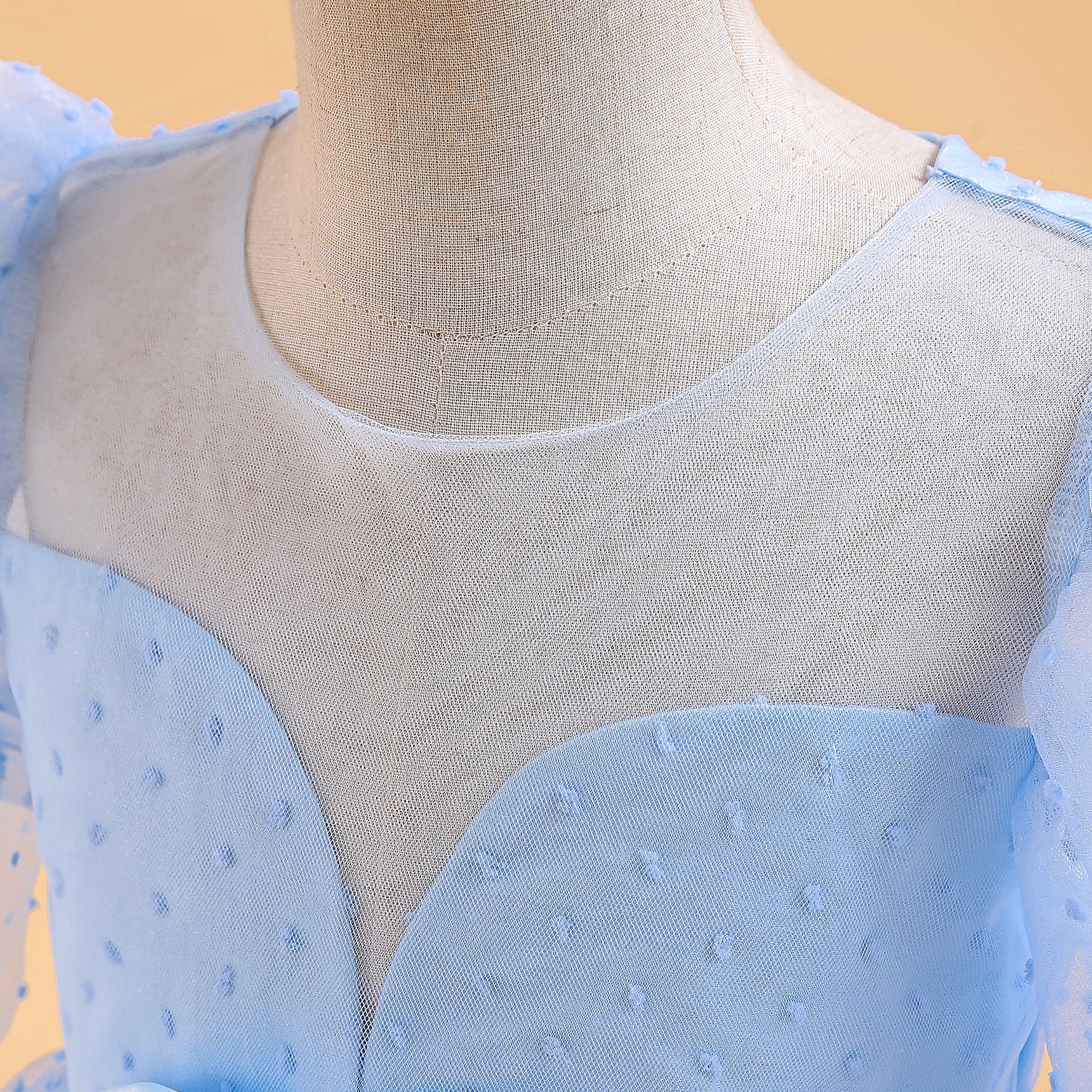 Girls Blue Self Design Puff Sleeves Bow Detail Gown Maxi Dress
