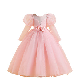 Pink Girls Round Neck Puff Sleeves Corsage Detail Fit & Flare Maxi Dress