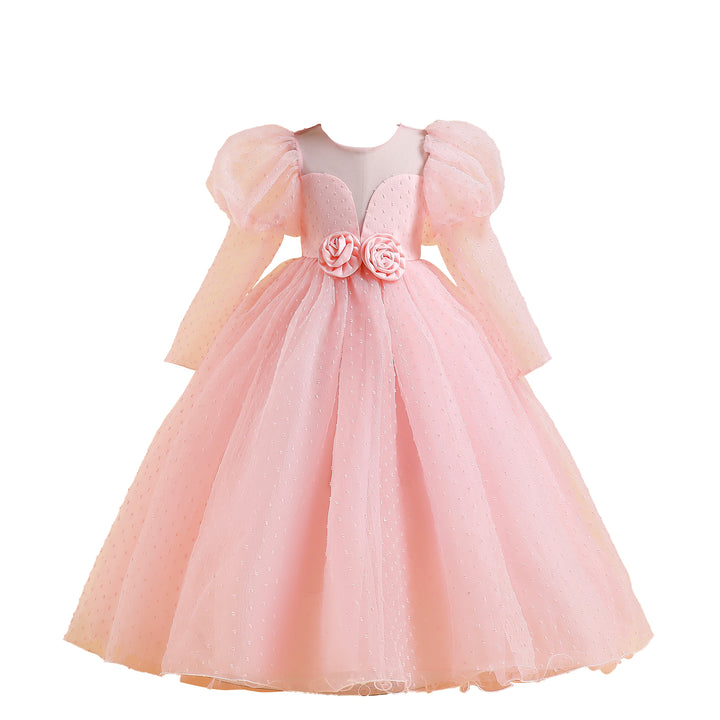 Pink Girls Round Neck Puff Sleeves Corsage Detail Fit & Flare Maxi Dress