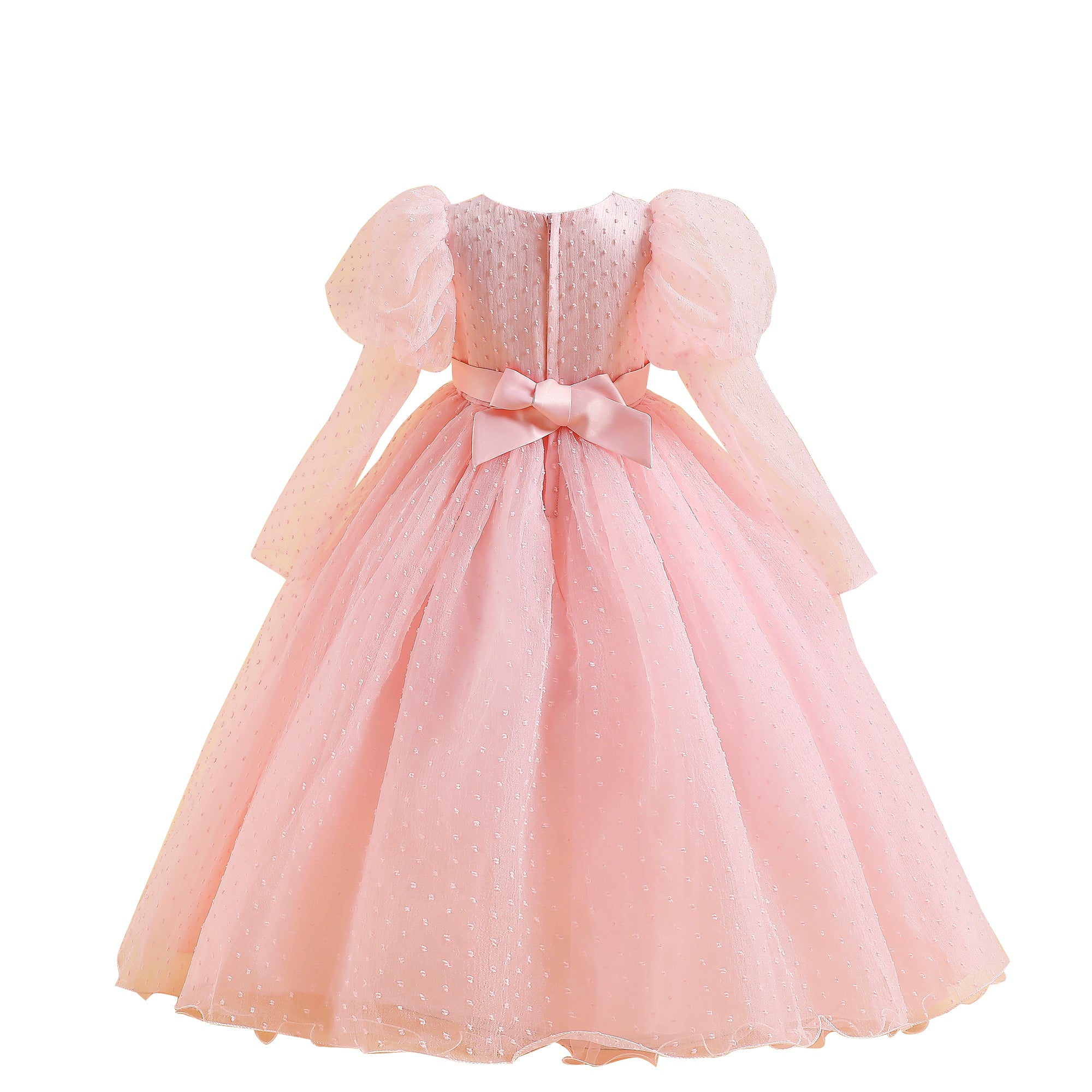 Pink Girls Round Neck Puff Sleeves Corsage Detail Fit & Flare Maxi Dress
