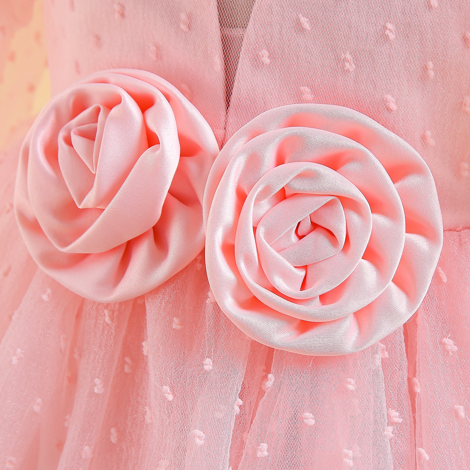 Pink Girls Round Neck Puff Sleeves Corsage Detail Fit & Flare Maxi Dress