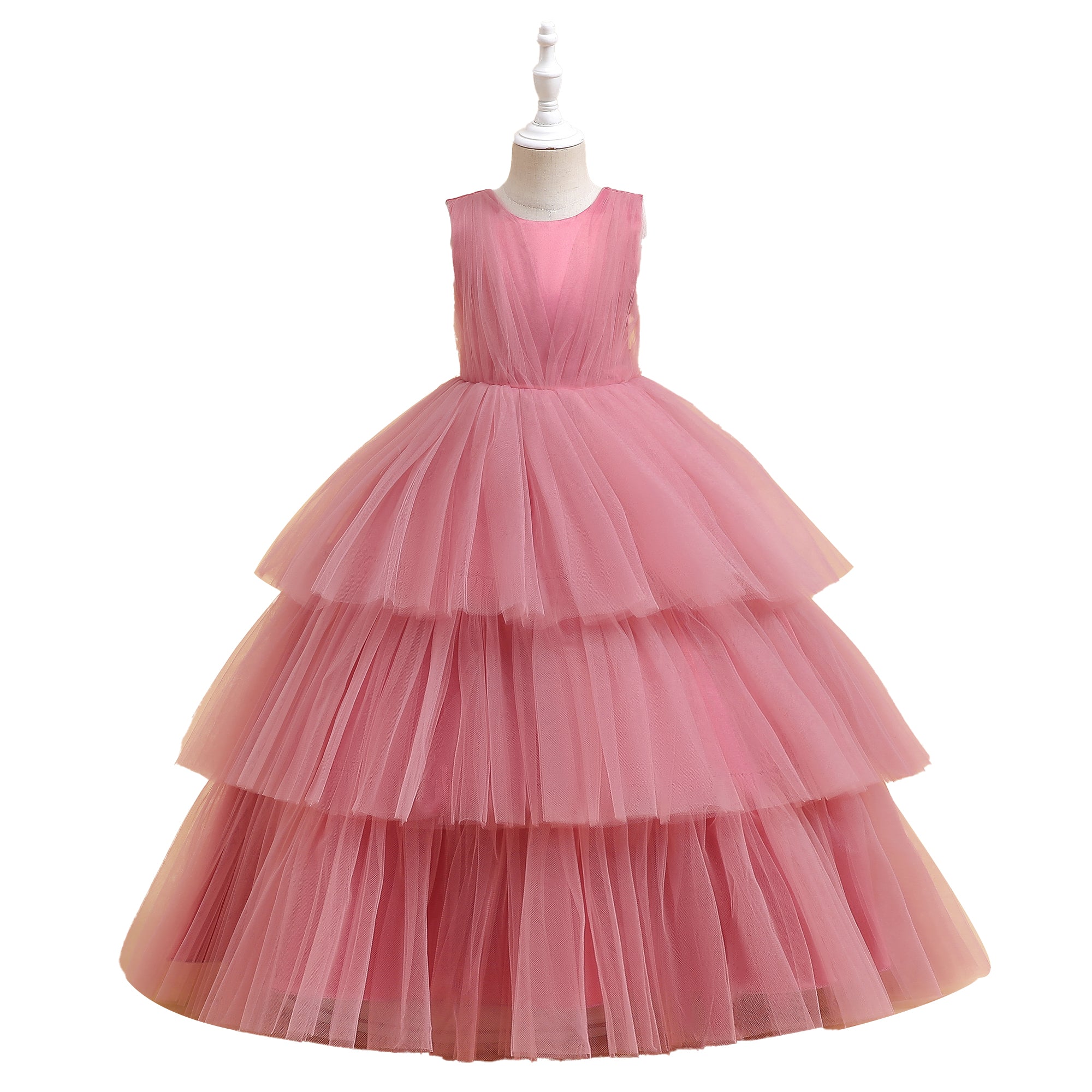 Girls Pink Round Neck Layered Gown Dress