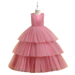 Girls Pink Round Neck Layered Gown Dress