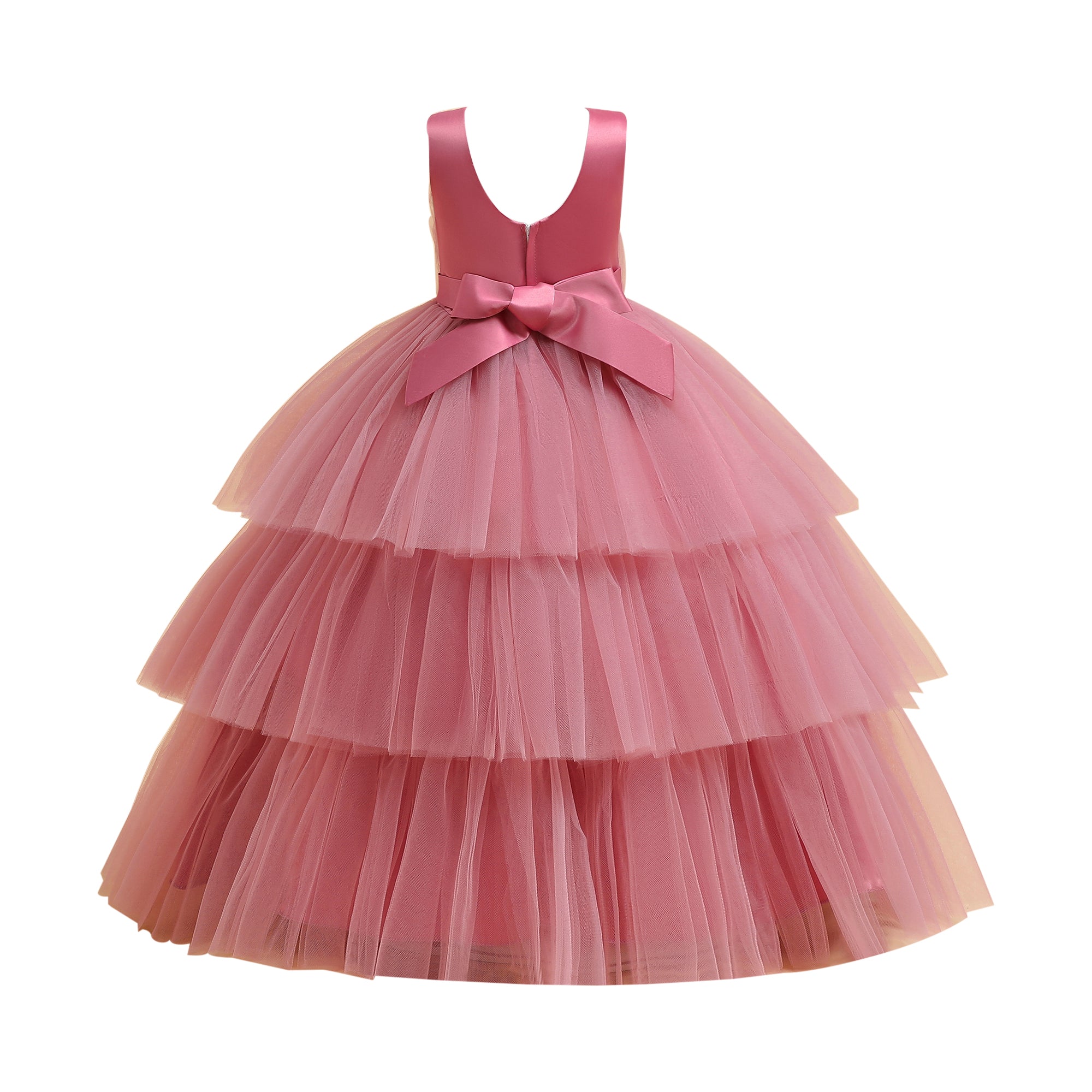 Girls Pink Round Neck Layered Gown Dress