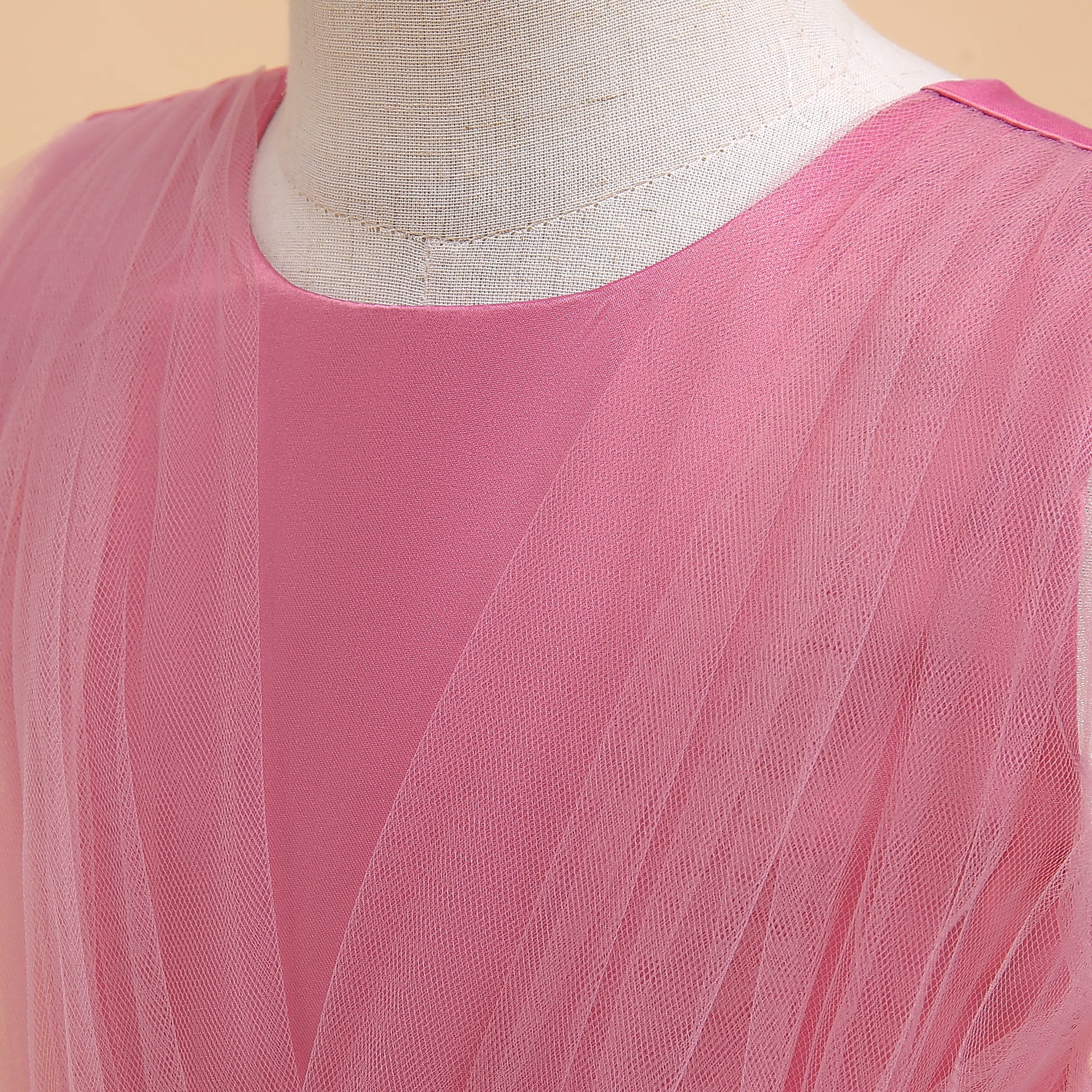 Girls Pink Round Neck Layered Gown Dress
