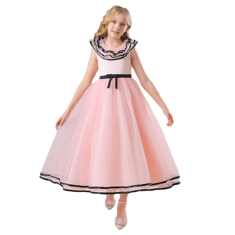 Girls Pink & Black Ruffled Maxi Fit & Flare Dress