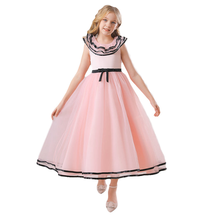 Girls Pink & Black Ruffled Maxi Fit & Flare Dress
