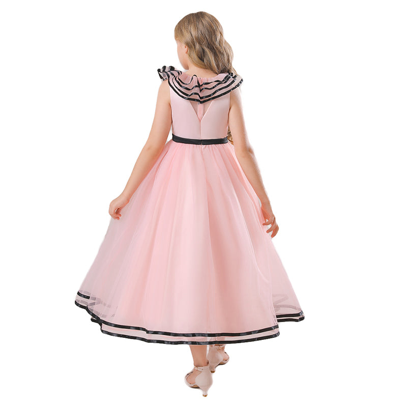 Girls Pink & Black Ruffled Maxi Fit & Flare Dress