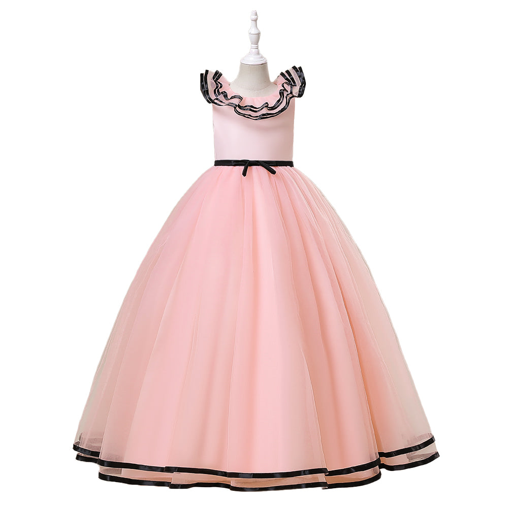 Girls Pink & Black Ruffled Maxi Fit & Flare Dress