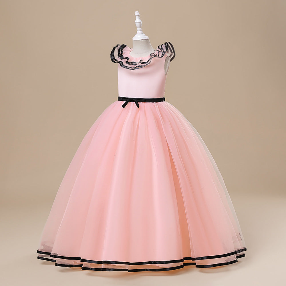 Girls Pink & Black Ruffled Maxi Fit & Flare Dress