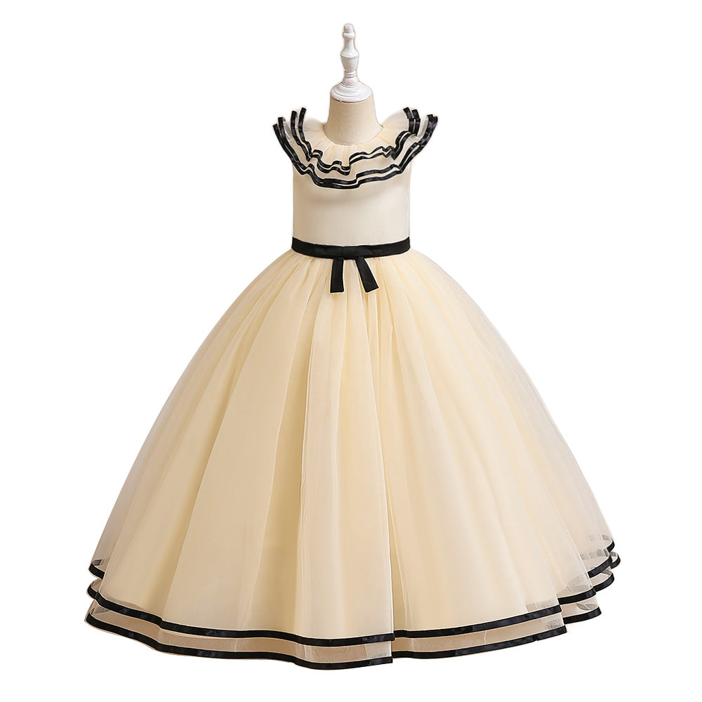Girls Beige Round Neck Flutter Sleeve Net Maxi Dress