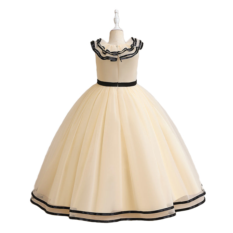 Girls Beige Round Neck Flutter Sleeve Net Maxi Dress
