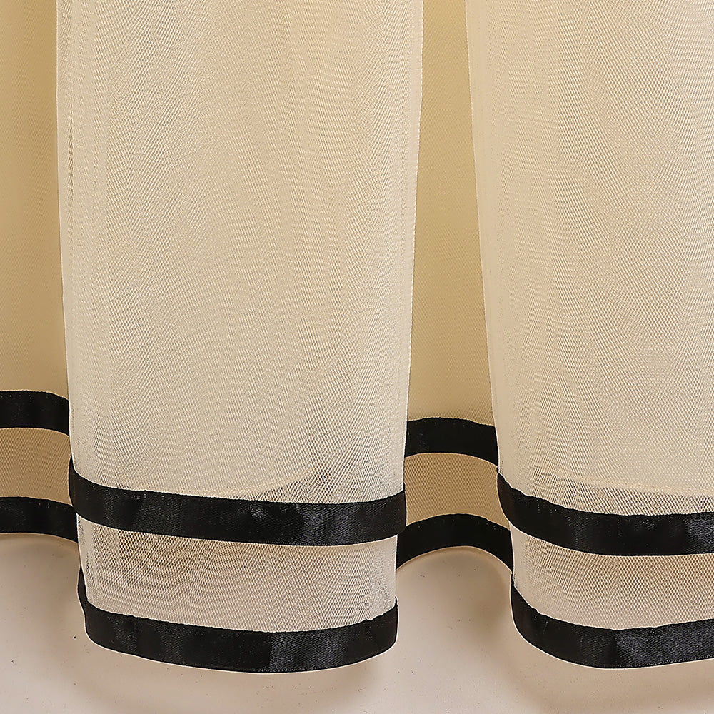 Girls Beige Round Neck Flutter Sleeve Net Maxi Dress