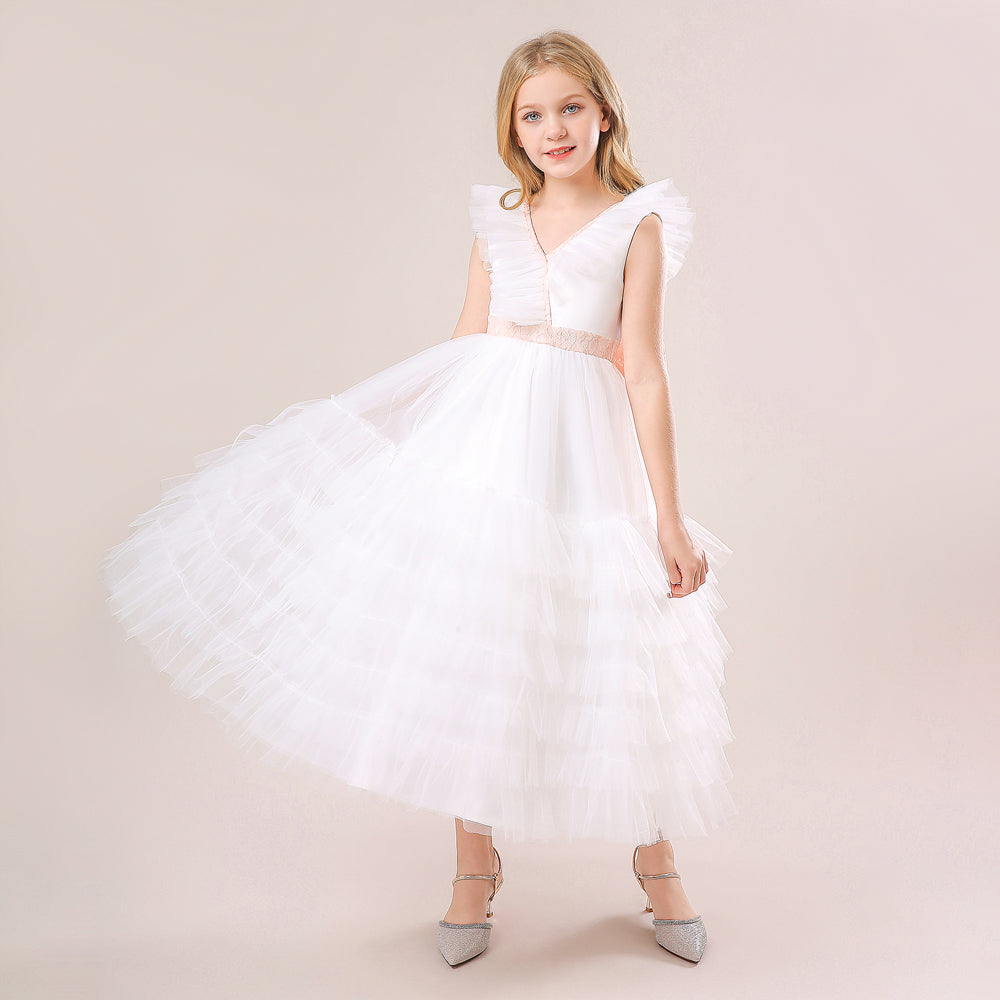 White & magnolia Ruffled Midi Dress