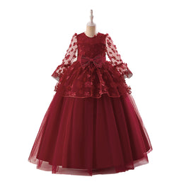 Girls Maroon Bow Floral Embellished Gown Maxi Dress