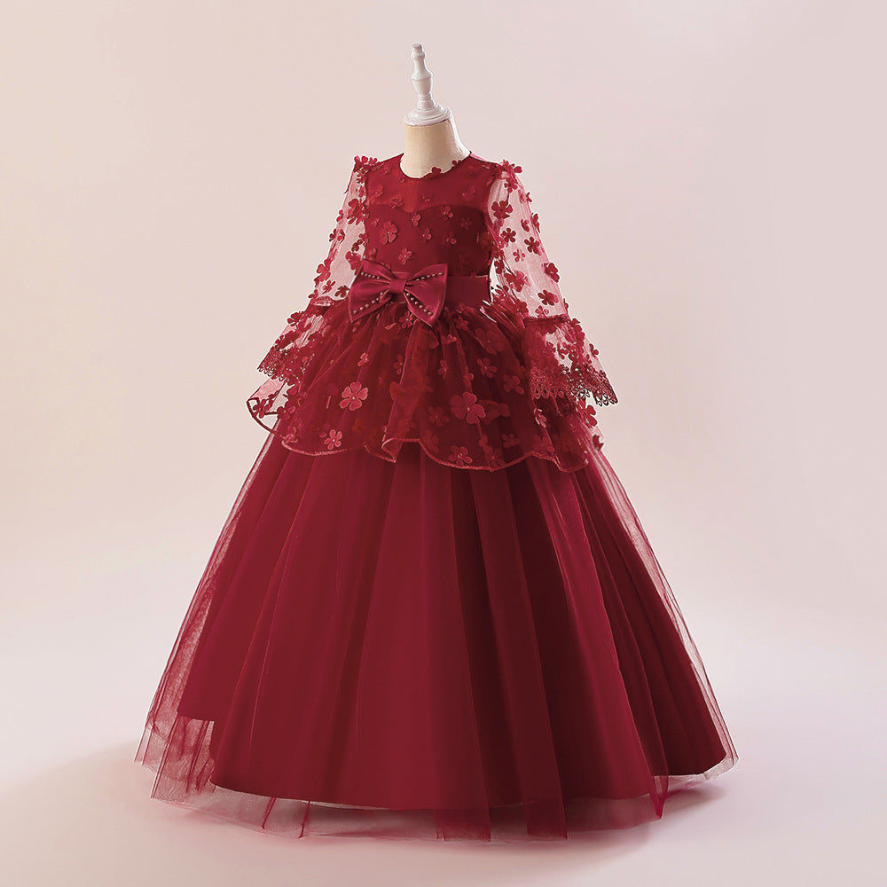 Girls Maroon Bow Floral Embellished Gown Maxi Dress