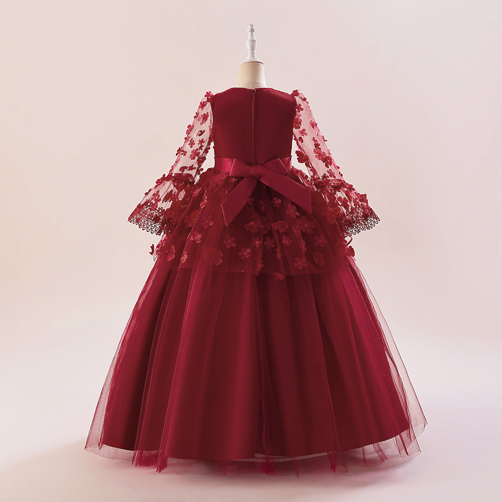 Girls Maroon Bow Floral Embellished Gown Maxi Dress