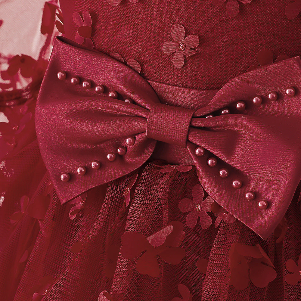 Girls Maroon Bow Floral Embellished Gown Maxi Dress