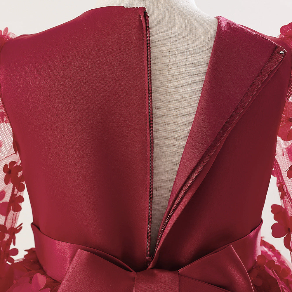 Girls Maroon Bow Floral Embellished Gown Maxi Dress