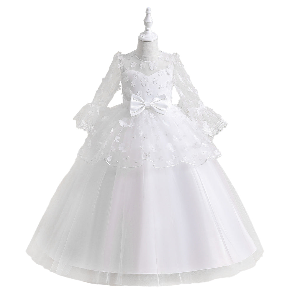 White Self Design Bell Sleeve Gown Dress