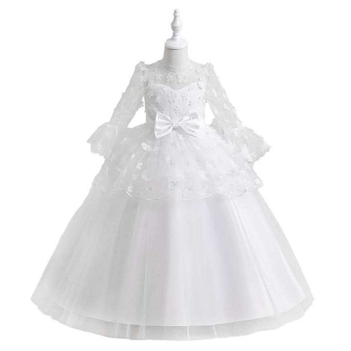 White Self Design Bell Sleeve Gown Dress