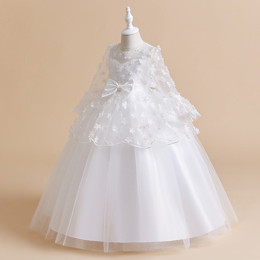 White Self Design Bell Sleeve Gown Dress