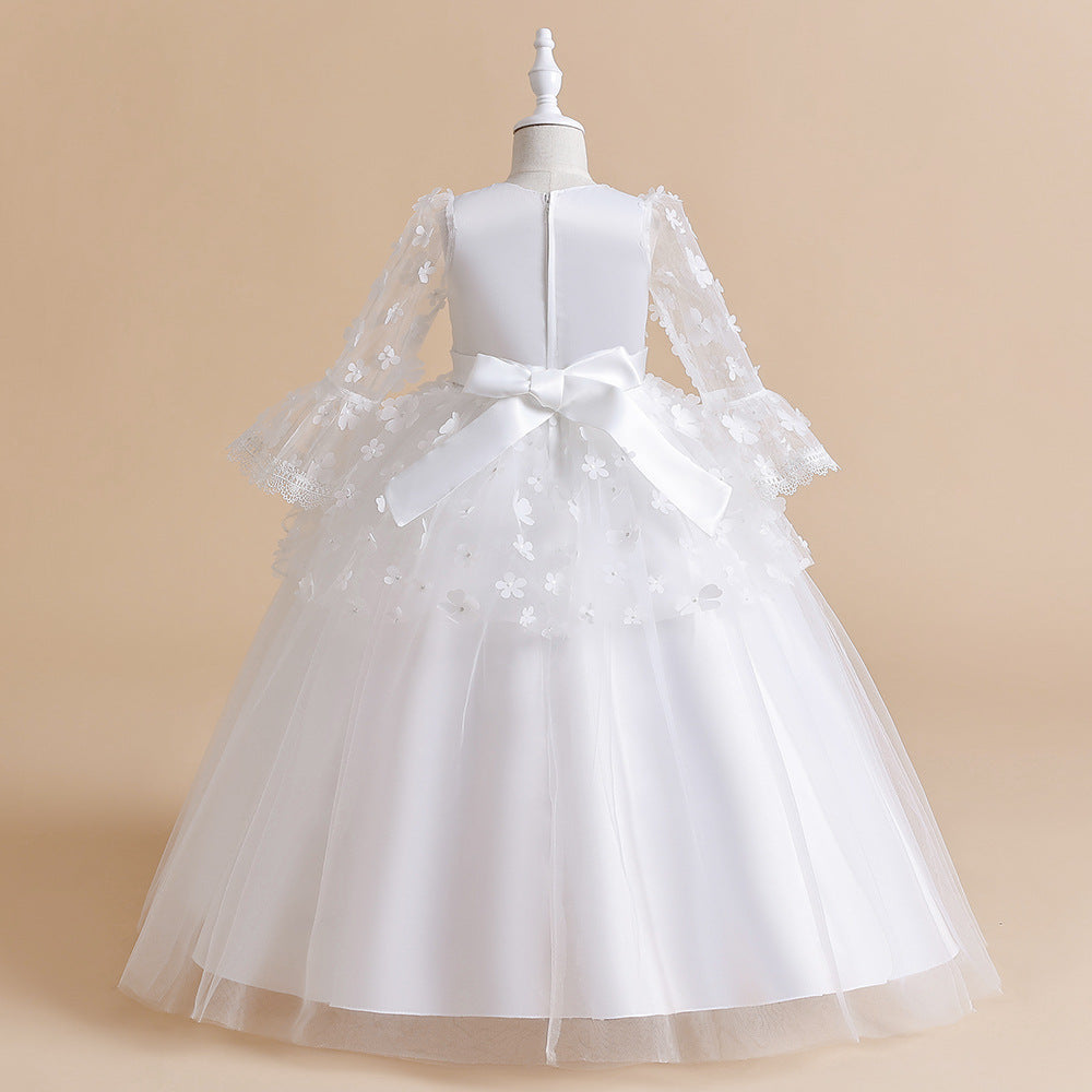 White Self Design Bell Sleeve Gown Dress