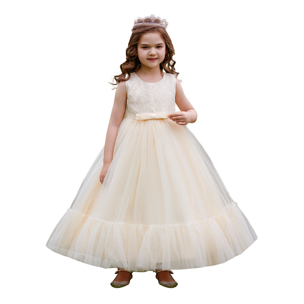 Girls Champagne Round Neck Ruffled Maxi Dress